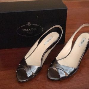 Lovely metallic Prada sling back wedge